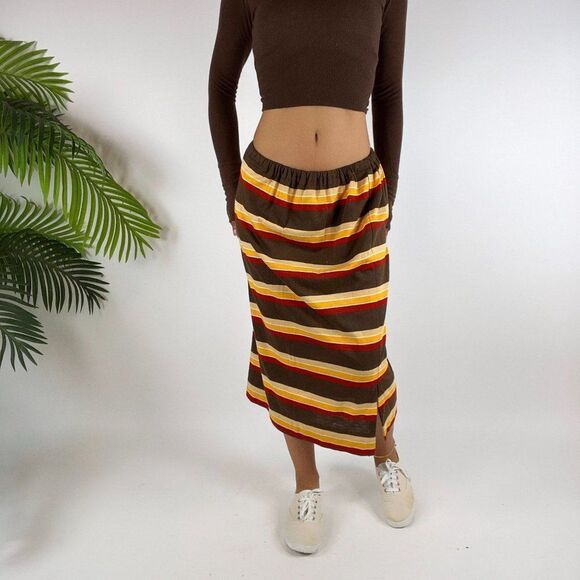 Vintage Y2K Brown Striped Low Rise Beachy Boho Retro Midi Skirt / Size: Small - Picture 5 of 5